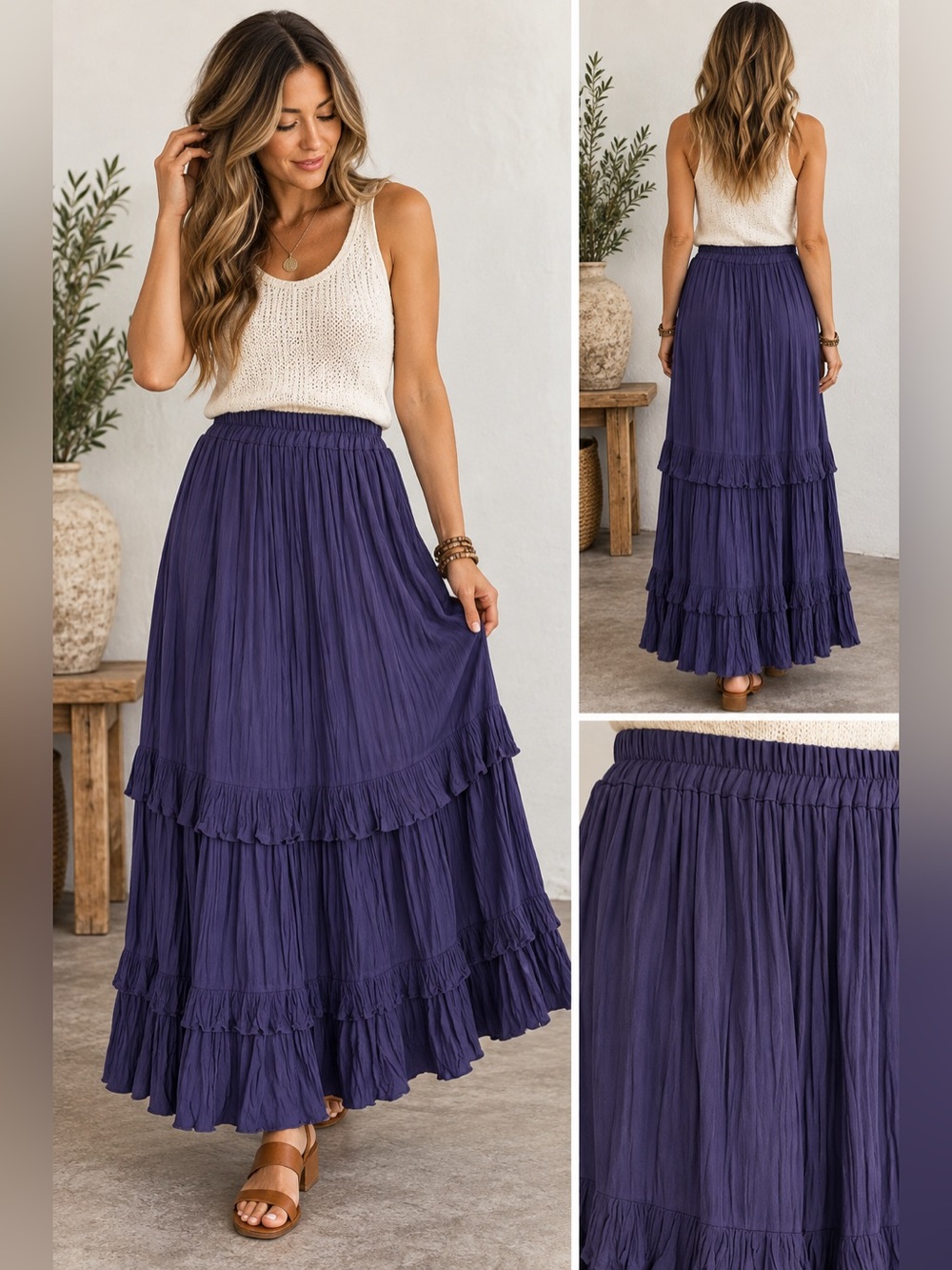 Highmas Tiered Ruffle Maxi Skirt Purple Boho Crinkle Size Medium